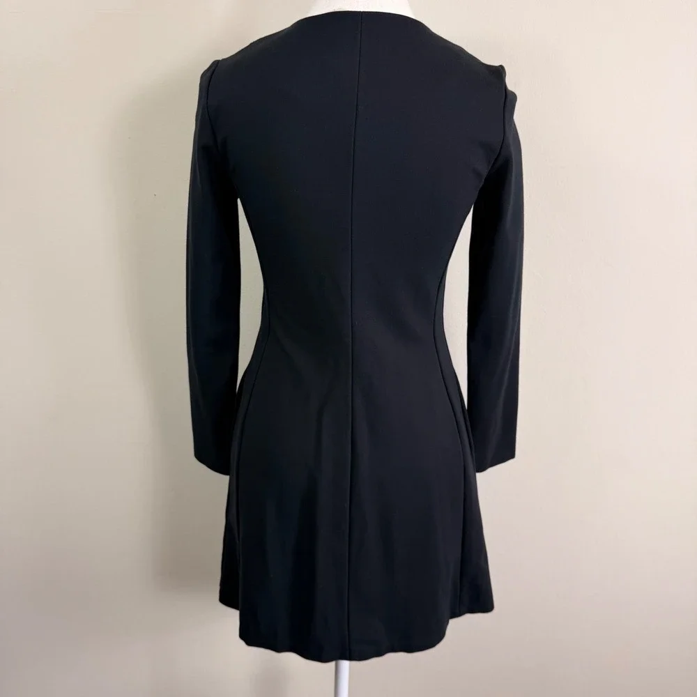 Tory Burch Black Knit Rory Long Sleeve Keyhole Mini Dress Logo Pearl Button XS